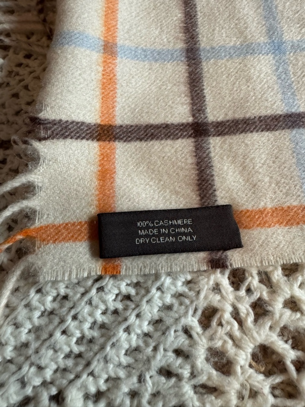 Coach Vintage 100% Cashmere Plaid Tattersall Scarf Ivory Multi-Color Fringed - Picture 4 of 5